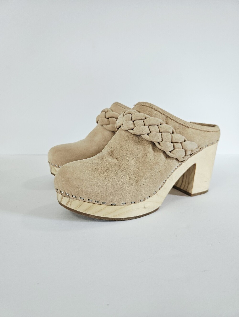 Anthropologie Dolce Vita Hila Wood Platform Nubuck Suede Slip On Clogs Mules 9.5